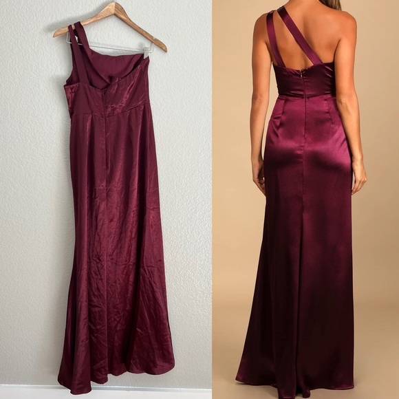 On the Guest List Burgundy Satin One-Shoulder Maxi Dress - Picture 3 of 9